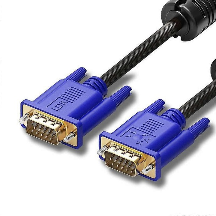 VGA videokábel 15 tűs 1.5m, 1080P Full HD, apa-apa, 24K aranyozott csatlakozók, OFC 30AWG vezetékek, ferritmagokkal, Fekete/Kék, 2 darab
