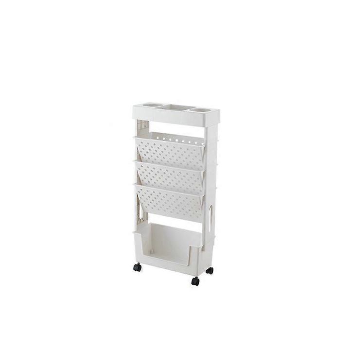 Többfunkciós gurulós polc, fehér, 3 átlós rekesz, 1 függőleges, 3 kicsi, 360°-ban forgatható, 60x30x90cm