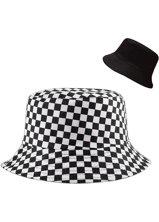 Bucket kalap, pamut és poliészter horgász kalap, megfordítható, egyik oldalán mintás, a másik oldalán egyszínű, könnyen összehajtható, fekete/fehér, Egy méret 58 cm