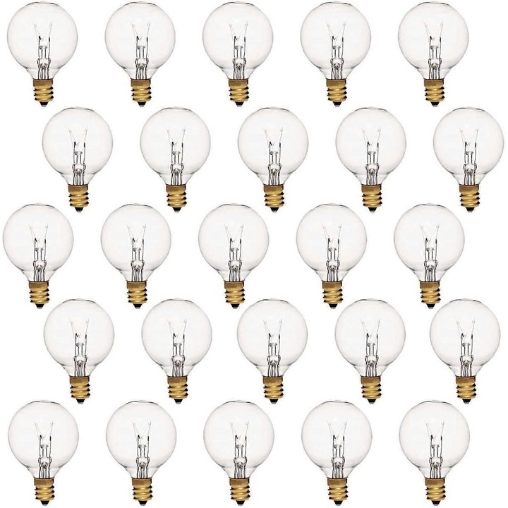Set 25 bucati, Bec G40 incandescent, 7W 220-230V, Soclu E12 (C7) cu filet, Alb cald, Sticla clara