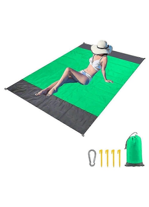 Vízálló és homokálló strandtakaró, zöld-szürke, 200x210cm, könnyű és összecsukható
