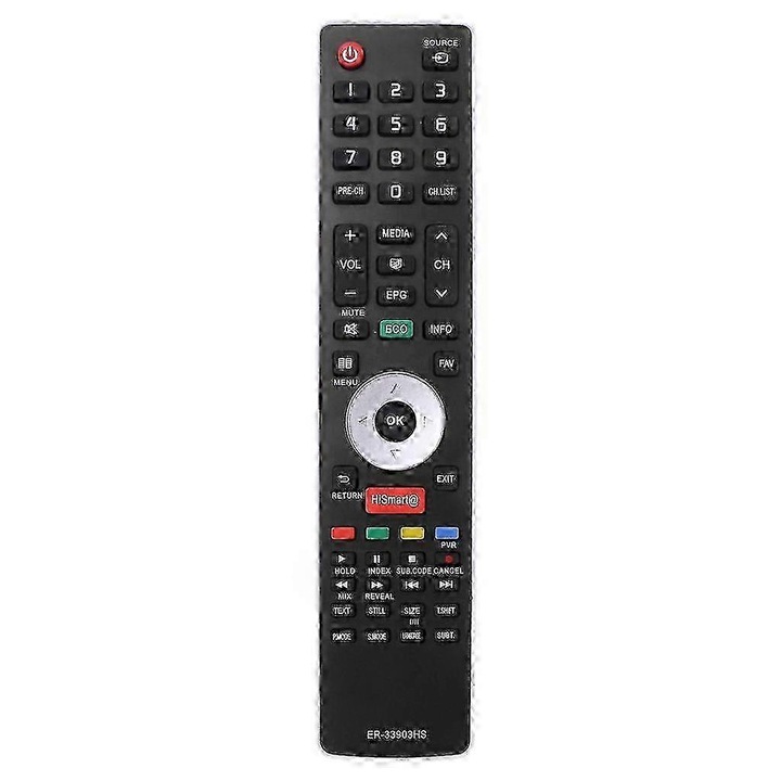 TV távirányító ER-33903HS, Hisense 55K600XWSEU3D helyettesítő, kompatibilis az ER-33903 modellel, programozás nélkül, ABS, fekete, 1 db