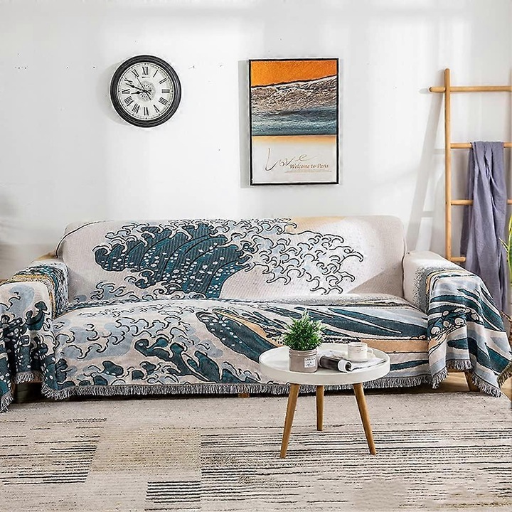 Patura pentru canapea, model Valul mare din Kanagawa, stil japonez, multicolor, 130x180cm