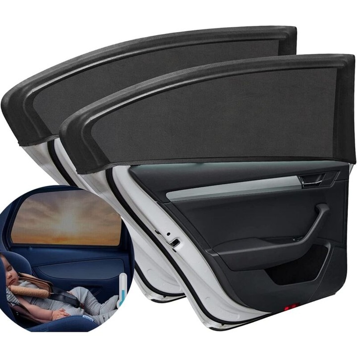 Parasolar auto lateral pentru geamuri laterale spate, din nylon respirant, extensibil 58-108 x 44-52 cm, blocheaza raze UV si insecte, negru, Set 2 bucati