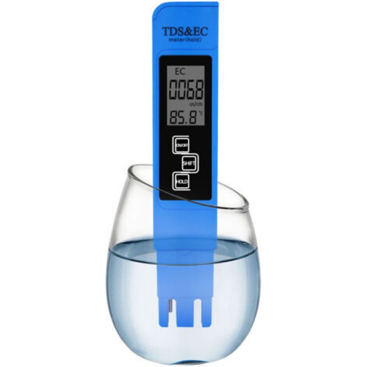 Tester calitate apa stilou pH/EC/TDS, instrument digital portabil trei-in-un cu precizie inalta, masoara temperatura, albastru