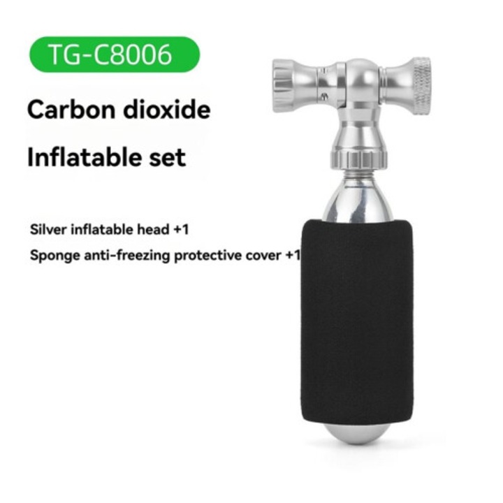 CO2 pumpa kerékpárhoz, TG-C8006 felfújó készlet, gyors CO2 felfújás, Presta és Schrader szelepekkel kompatibilis, Ezüst, 1 szett