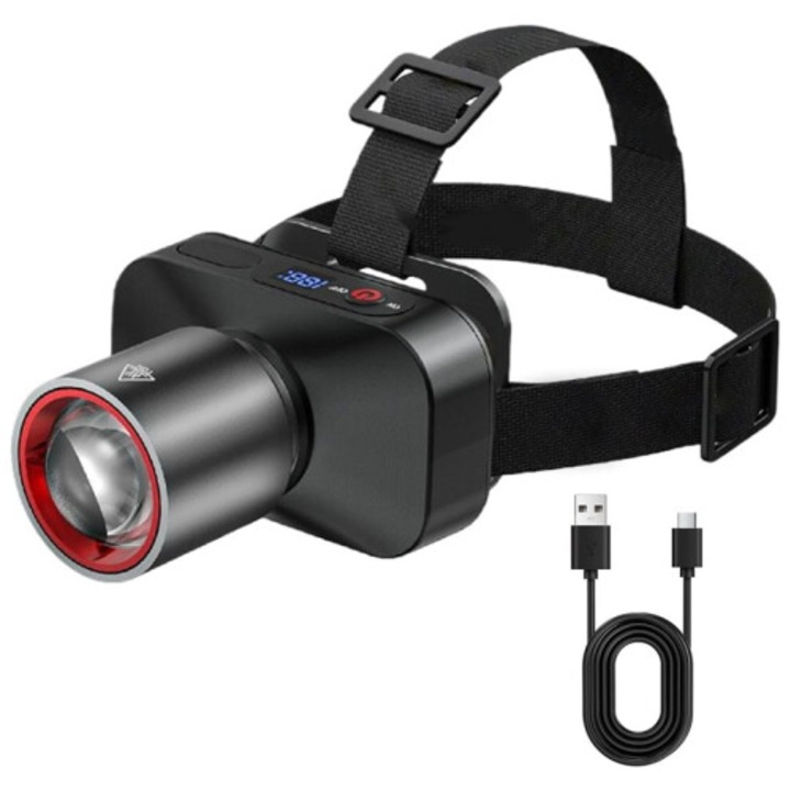 LED акумулаторен челник с USB за къмпинг и риболов, с регулируема лента и цифров дисплей, черен, 1 брой