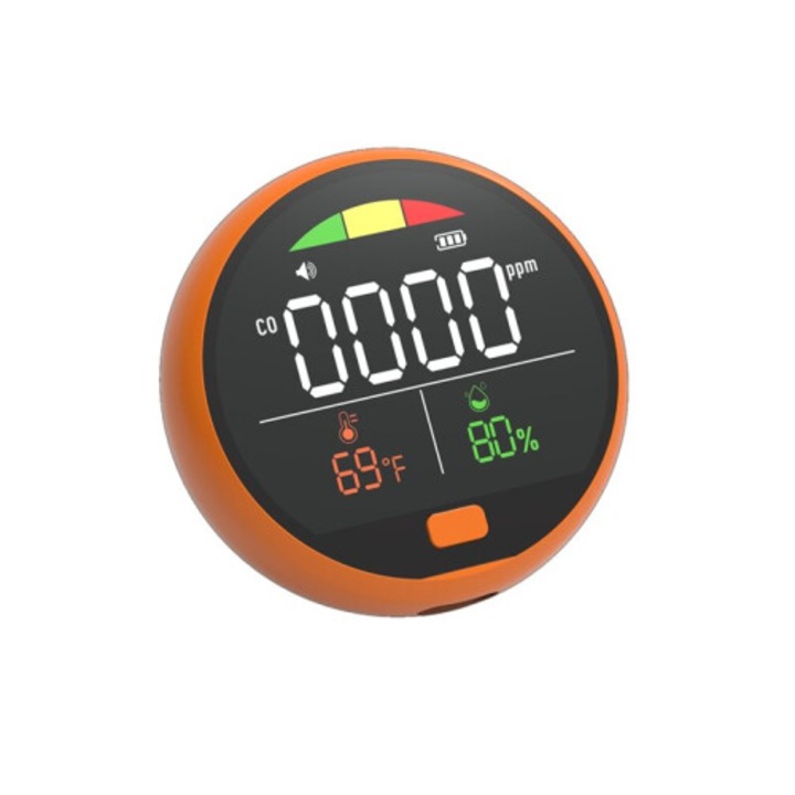 Detector de monoxid de carbon portabil, senzor monitor CO analizor calitate aer, alarme acustice si vizuale, ecran digital PPM, masoara temperatura si umiditate, portocaliu