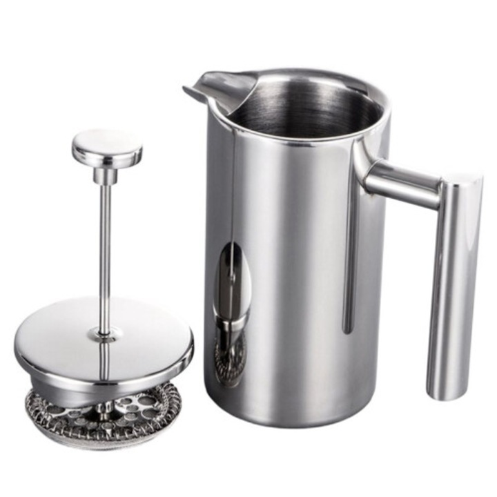 Cafetiera French Press (presa franceza) din otel inoxidabil, dublu perete termoizolant, cu filtru din inox, inox, 350ml