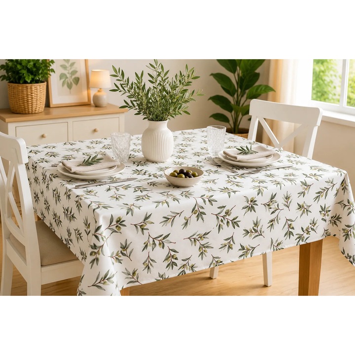 Fata de masa Bumbac Teflonat Antimurdarire 140x180 cm, NufJoy®, Impermeabila, Anti Pete, Usor de curatat si intretinut, Lavabila, Design Modern, Lace Olive