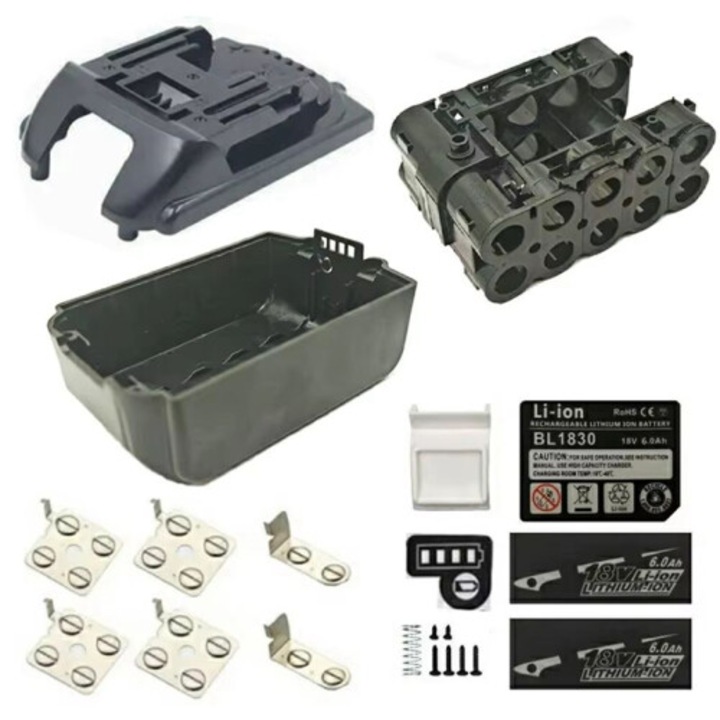 Carcasa baterie / cutie acumulator Li-Ion BL1830B 10 x 18650 pentru 18V, top si bottom shell, include suport LED si stickere, negru, 1 set