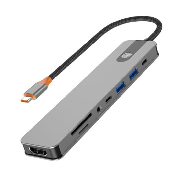 Hub USB-C adaptor compatibil, statie de andocare USB 3.0 cu incarcare PD, cititor card TF/SD, port HDMI, 2x USB-A 3.0, port USB-C, jack audio, gri, 1 buc