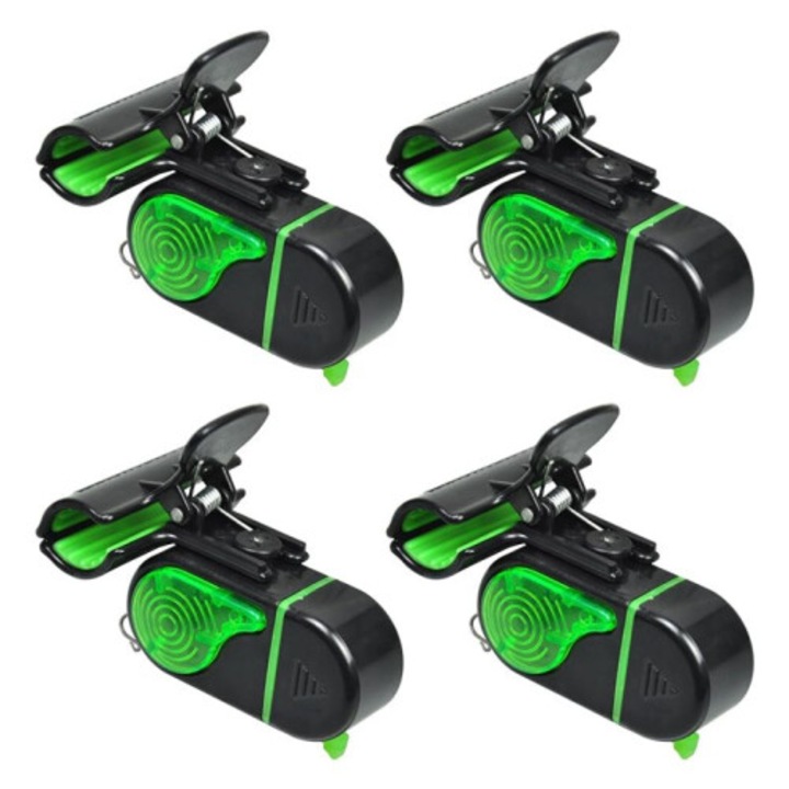 Set 4 bucati, avertizor muscatura / alarma pescuit electronic sensibil, cu LED si sunet puternic 80 dB, lumina intermitenta, negru/verde