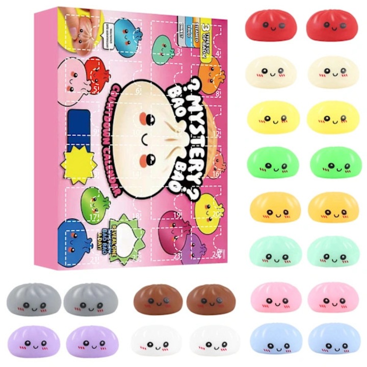Set 24 bucati, jucarii squishy antistres tip galuste, calendar advent surpriza, din TPR, material moale cu revenire lenta la forma, multicolor, 26x18x4 cm