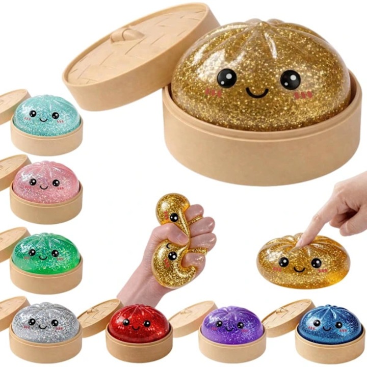 Сензорна антистрес играчка squishy Glitter Dumpling, от нетоксичен TPR, с брокат и мини изпарител, Златист, 1 бр