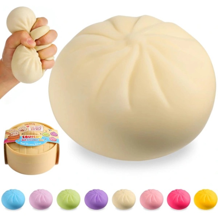 Jucarie antistres tip bao bun squishy, durabila, din TPR ecologic, pentru relaxare si reducerea stresului, marime palma, cu cutiuta pentru aburit cadou, alb, 1 buc