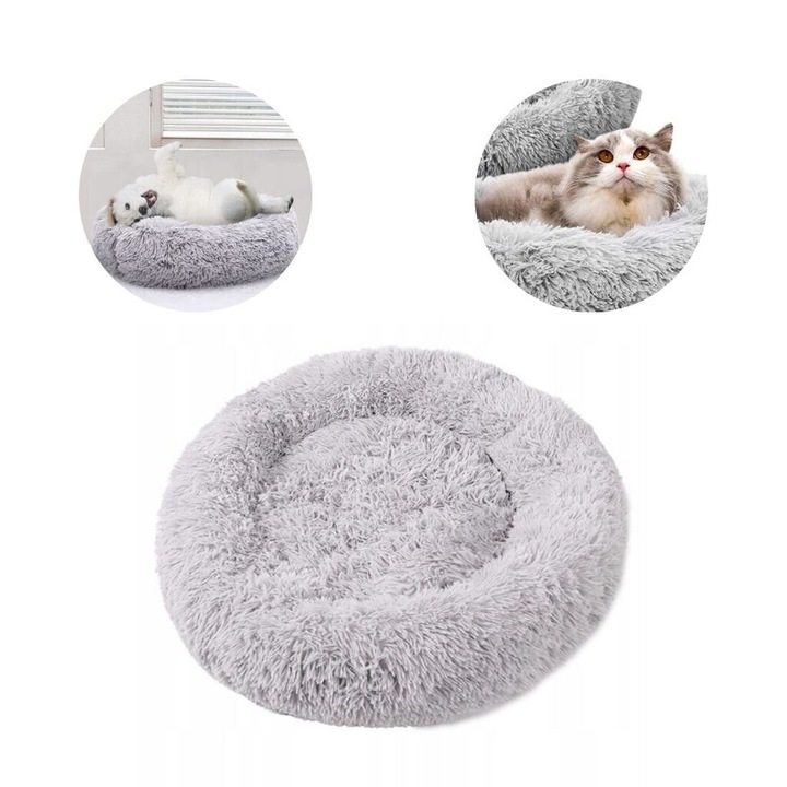 Culcus rotund pentru caini, material textil si plastic, umplutura artificiala, antiderapant, 60cm