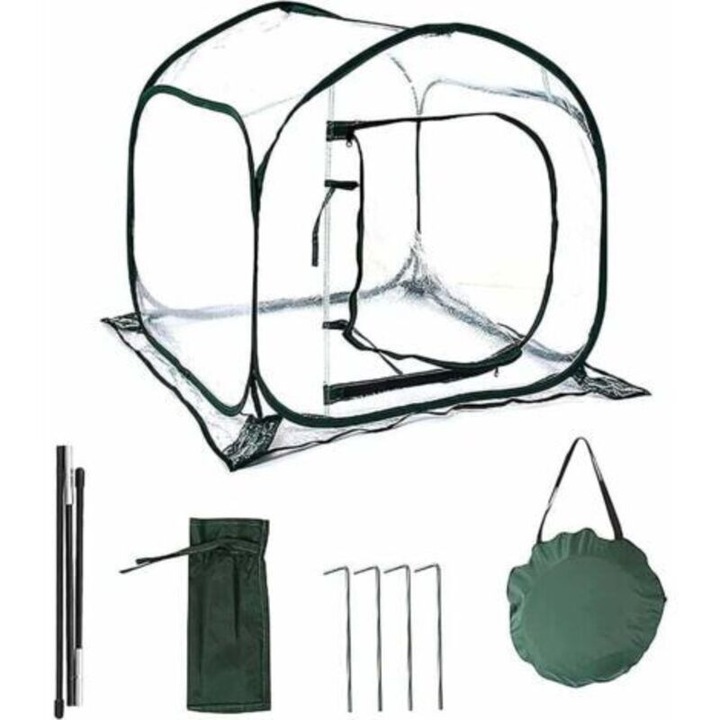 Sera pop-up mini RWMini, átlátszó PVC borítás, hordozható beltéri és kültéri használatra, 4 acél cövekkel, átlátszó/zöld, 80 x 80 x 80 cm