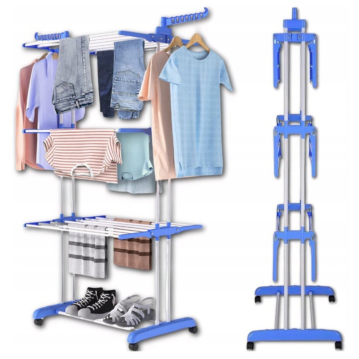 Uscator de rufe, suport de uscare pliabil, compact, 6 brate separate pentru haine, capacitate pana la 40 kg, pentru interior si exterior, Albastru/Alb, 1 buc.