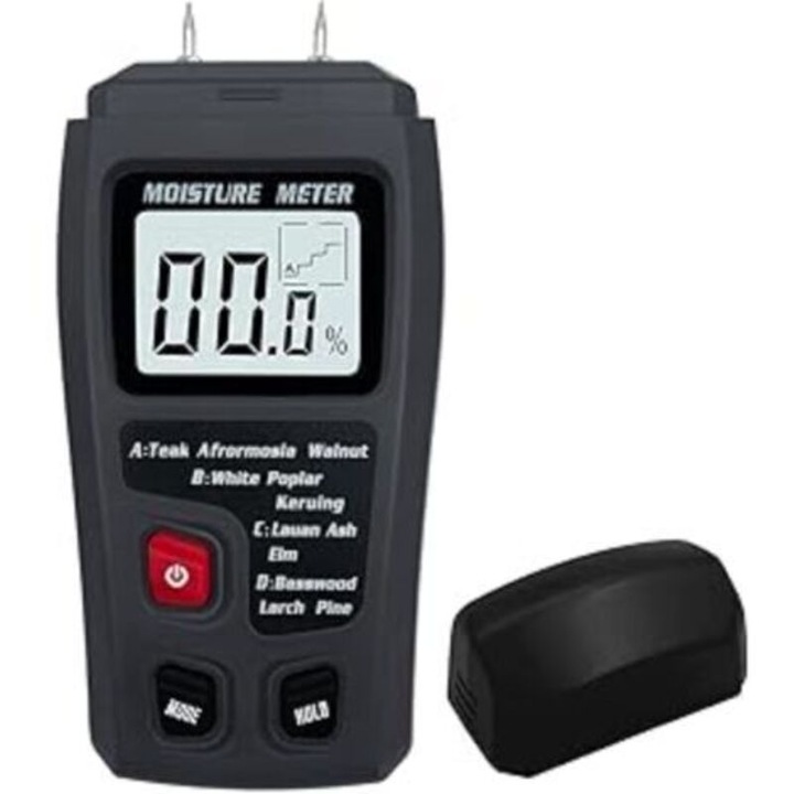 Digitális páratartalom mérő fához, nedvességmérő, higrométer, nagy LCD kijelző, tesztelő tüskékkel, fekete