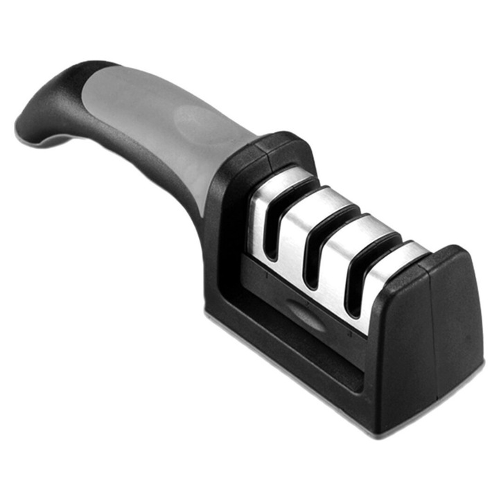 Késélező 3 fokozattal, V-hornyos élező/csiszoló, ergonomikus fogantyú, ABS műanyagból, kompakt, szürke/fekete, 1 db, 21.5 x 5.5 x 5 cm
