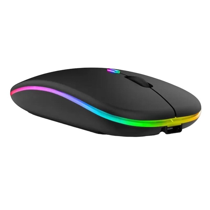 Vezeték nélküli egér, egér, ergonomikus kialakítással, RGB világítás 7 mód, Bluetooth/2.4 GHz, 800/1200/1600 DPI, 400 mAh újratölthető akkumulátor micro-USB, fekete, 1 db