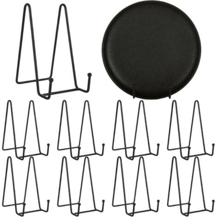 Tányértartó/állvány dekoratív tányérokhoz és képkeretekhez, fém, N-alakú, stabil, fekete, 10 darab, O15 cm