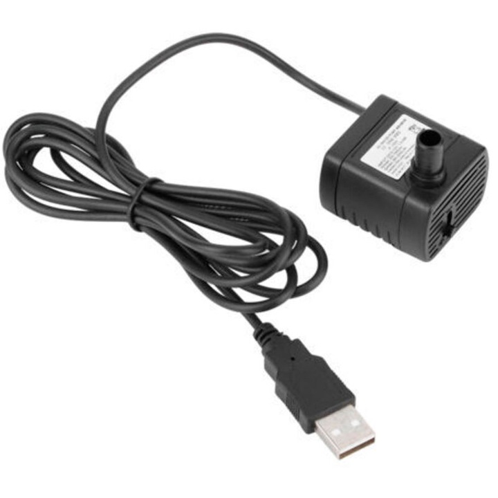 Pompa de apa submersibila miniatura USB 5V, reglabila, motor brushless DC, debit 150 L/h, inaltime refulare 0.5 m, negru