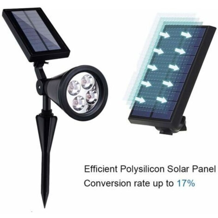 Комплект от 2 броя, Соларна градинска лампа/спот 4 LED, 200 lm, IP65, автономност 8–10 часа, регулируем соларен панел на 180°, въртящ се спот на 90°, Бял, 2 x 2200 mAh