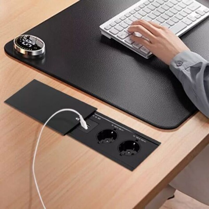 Вграден контакт за бюро, 2 USB, 2 европейски контакта, черен, 20x10x6.1см