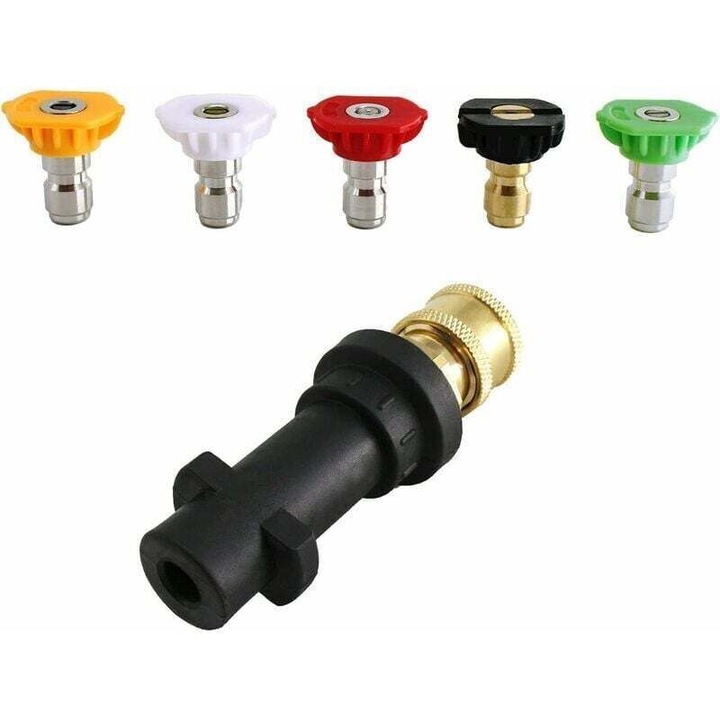 Set 6 bucati, adaptor pentru aparat de spalat cu presiune, compatibil Karcher K2-K7, racord rapid 6,35 mm, include 5 duze cu unghiuri diferite, debit 2,5 GPM, multicolor