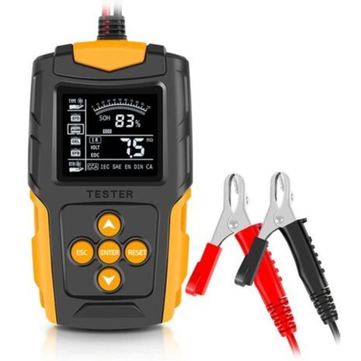 Tester baterie auto digital LCD 12V/24V, analizor masurare SOH/SOC/CCA/IR, testare 3–200Ah, masurare tensiune 8–30V, protectie supratensiune si polaritate inversa, negru/galben, 1 buc