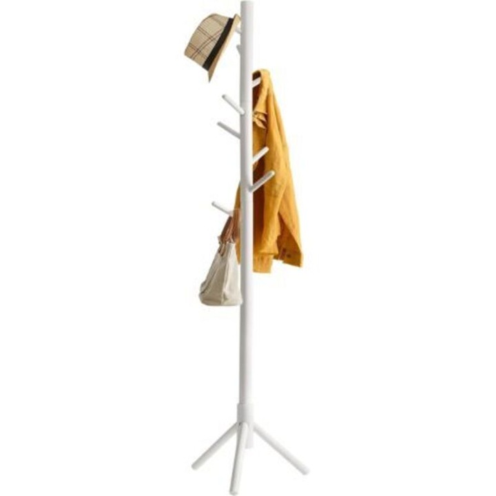 Cuier pentru haine, suport din lemn masiv, 8 carlige, asamblare usoara fara scule, inaltime reglabila, alb, 45 x 172 cm