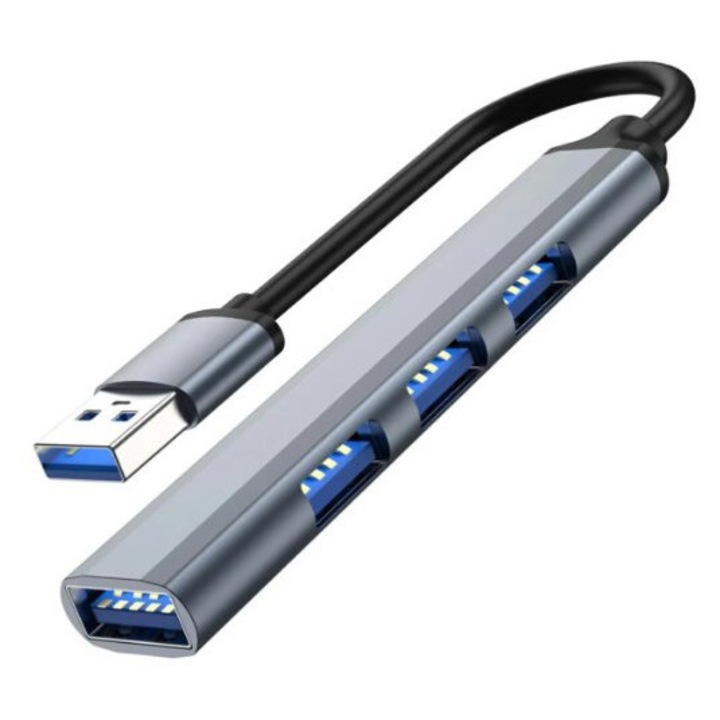 USB elosztó AK340, 4 aktív port (3x USB 2.0, 1x USB 3.0, akár 5 Gbit/s), USB-ről táplált, kompakt, grafit, 1 db