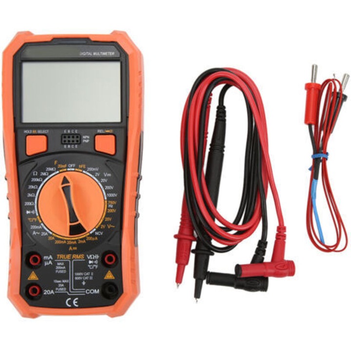 Multimetru digital multifunctional, tester electric 890C+, 1999 de valori, masurare AC/DC tensiune si curent, ecran LCD mare 40 mm cu retroiluminare, protectie la suprasarcina, portocaliu/negru, 1 buc
