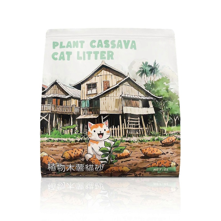 Asternut pentru pisici, nisip pentru litiera Plant Cassava, aglomerant, biodegradabil si ecologic, control puternic al mirosurilor, deversabil la toaleta, Bej, 2 kg