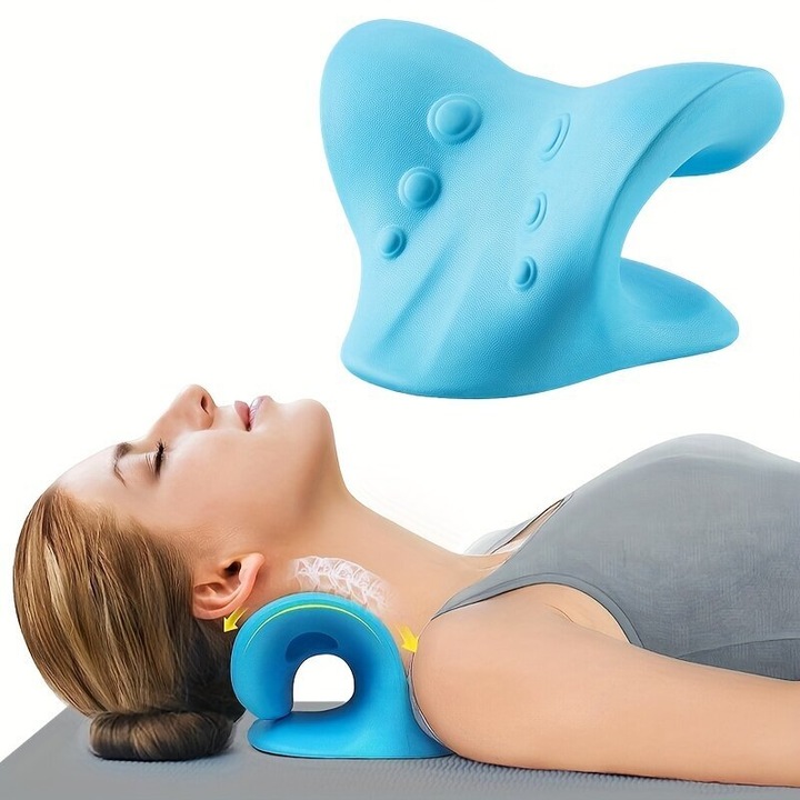 Dispozitiv pentru intinderea gatului, suport cervical ergonomic, reglabil, amelioreaza durerile si tensiunea cervicala, albastru, 1 buc