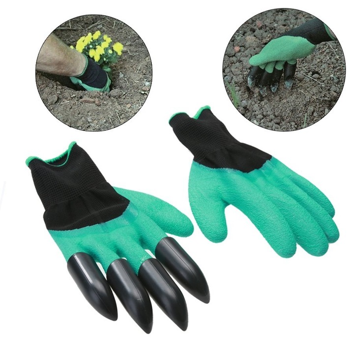 Manusi de gradina 2in1, din latex si ABS, cu gheare din plastic pentru sapat si smuls, antiderapante, respirabile, verde/negru, marimi 8-10 (selectate aleatoriu)