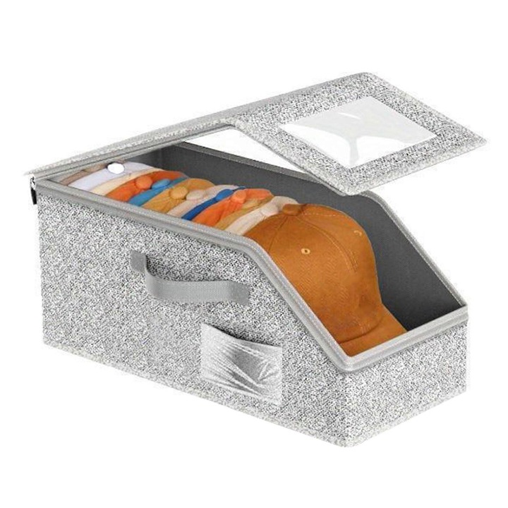 Cutie depozitare sepci, pliabil, capac transparent cu fermoar, rigidizat cu carton, gri, 42x22x17 cm, 1 buc