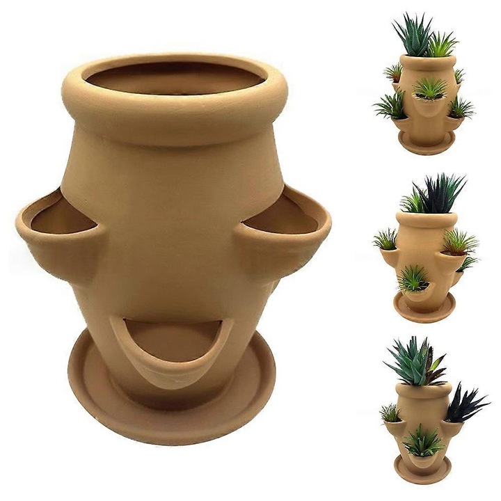 Ghiveci ceramic pentru suculente, turn cu buzunare multiple, rosu, 1x