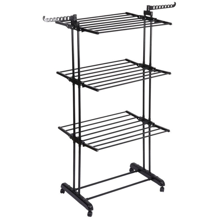 Uscator rufe metalic pliabil, 125x170 cm, negru, 3 niveluri, 6 aripi, suport inferior