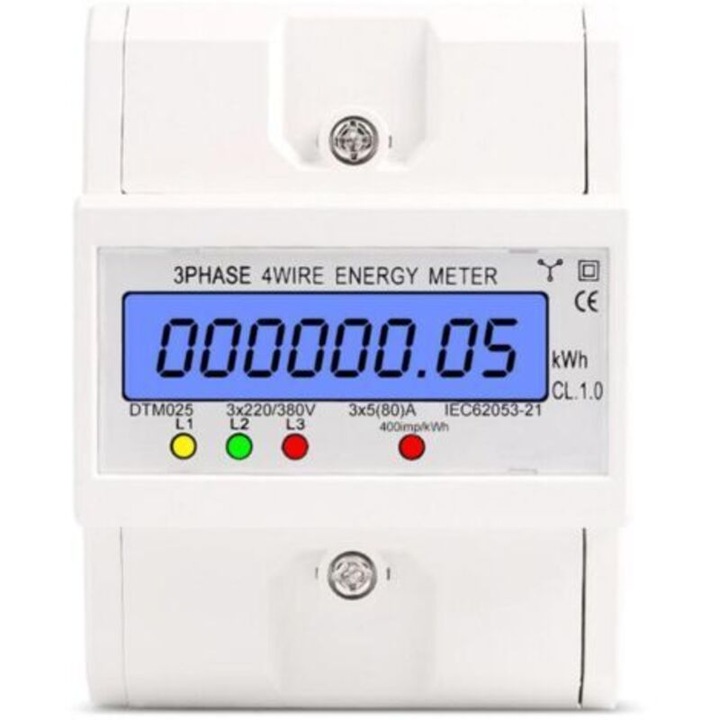 Contor de energie trifazat 4 fire DTM025, contor kWh 3x220/380 V, 3x5(80) A, montaj pe sina DIN, afisaj LCD iluminat, clasa de acuratete 1.0, 400 imp/kWh, Alb