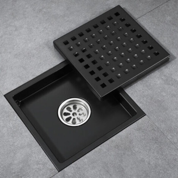 Sifon pardoseala / scurgere de podea 15 cm x 15 cm din otel inoxidabil, gratar patrat, cu filtru pentru par si reziduuri, instalare usoara pentru pardoseli inegale, Negru, 1 buc
