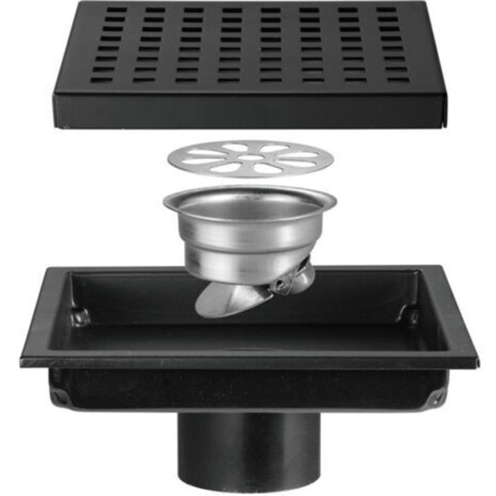 Sifon pardoseala, scurgere pentru dus din otel inoxidabil, grilaj patrat, cu filtru colector pentru par si resturi, instalare usoara pentru podele inegale, inox, 15x15 cm