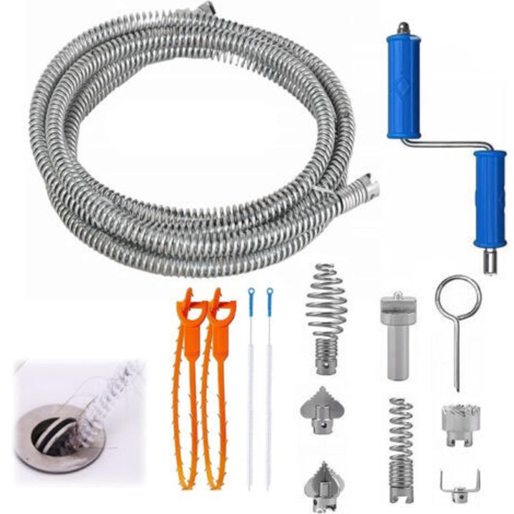 Furet de desfundat canalizari, spirala flexibila 5 m, 6 capete de taiere 6-in-1 si 4 carlige, adaptor manual inclus, maner din plastic, multicolor