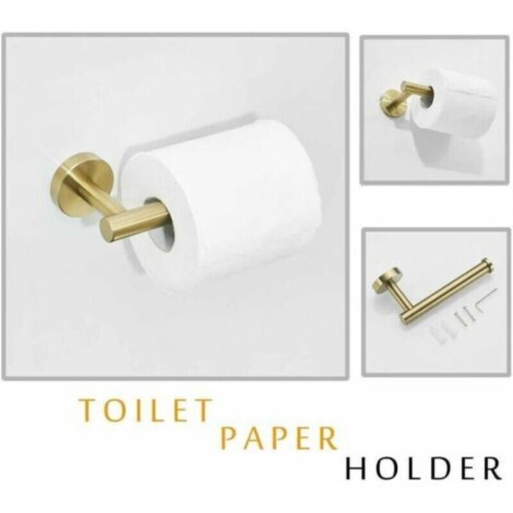 Set 3 piese accesorii baie, suport prosop 30.5 cm, suport hartie igienica si cuier, din otel inoxidabil 304, finisaj auriu periat, montare pe perete