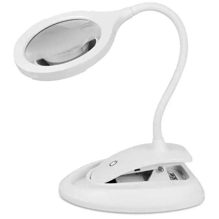 Lampa lupa de birou, lupa cu suport 5x/10x, usb reincarcabila, lentila 110 mm, 3 trepte de luminozitate, gat flexibil metalic cu clema, Alb