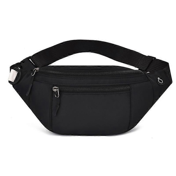 Derékra rögzíthető táska, Oxford anyagból készült cross-body táska, vízálló, elülső zsebbel és cipzárral, állítható, Fekete, 13x34x9 cm