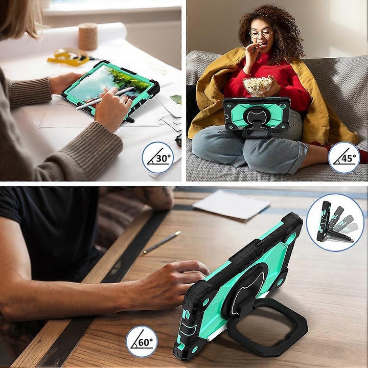 Tablettok, 13 hüvelykes, fekete-zöld, szilikon, 360°-ban forgatható állvány