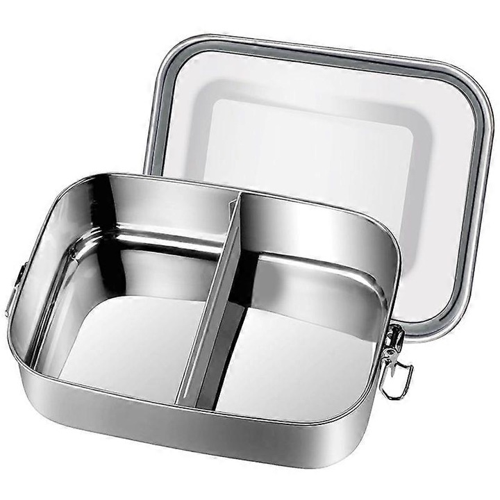 Fém ételtartó doboz 1200ml, 304-es rozsdamentes acél, kivehető rekesz, ezüst, 18.8x14.2x6.4cm